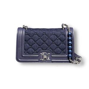 Badgley Mischka NWT Quilted Denim Crossbody Bag Blue‎ Pearls Vegan Leather Chic
